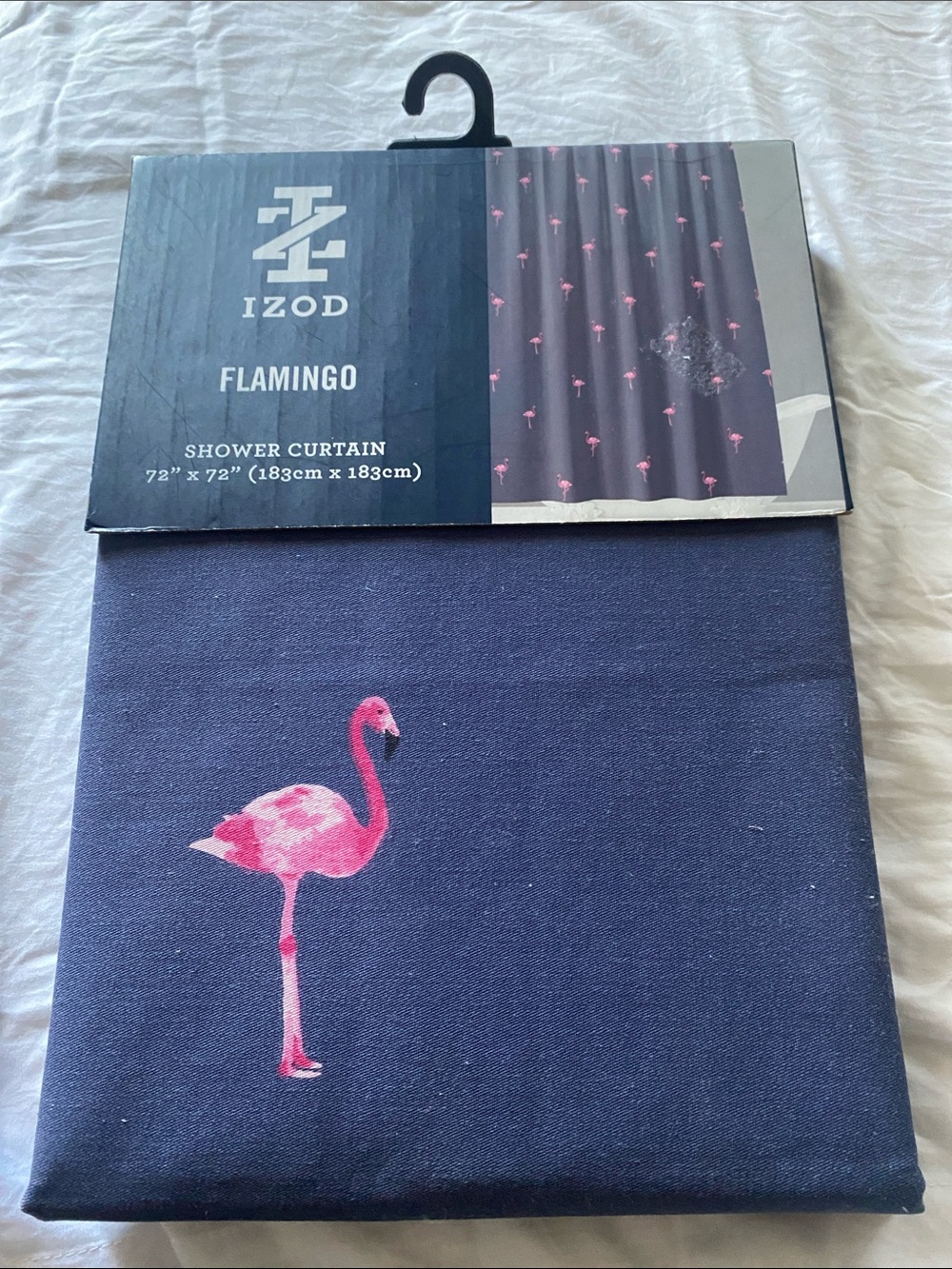 Izod Navy Shower Curtain with Pink Flamingo Accent